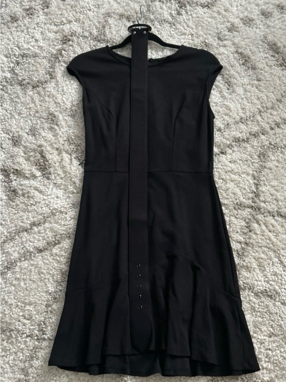 Classic Black Cap-Sleeve Dress with Waist Belt